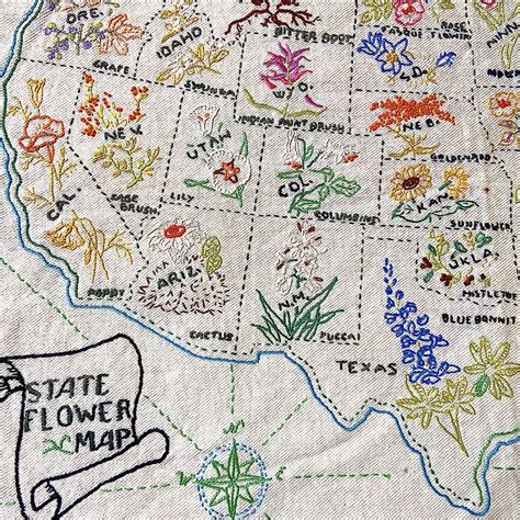 Vintage Map United States State Flowers Embroidered Sampler Etsy