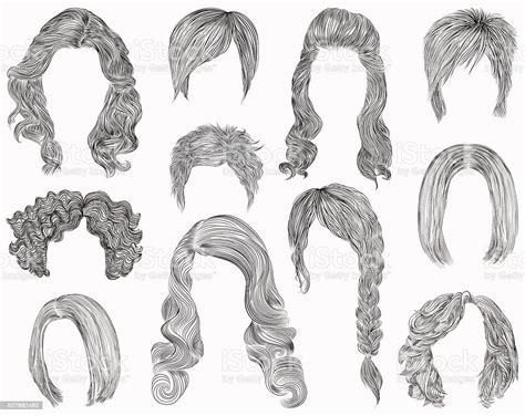Set Different Hairs Hairstyle Fringe Cascade Kare Pencil Drawing Sketch