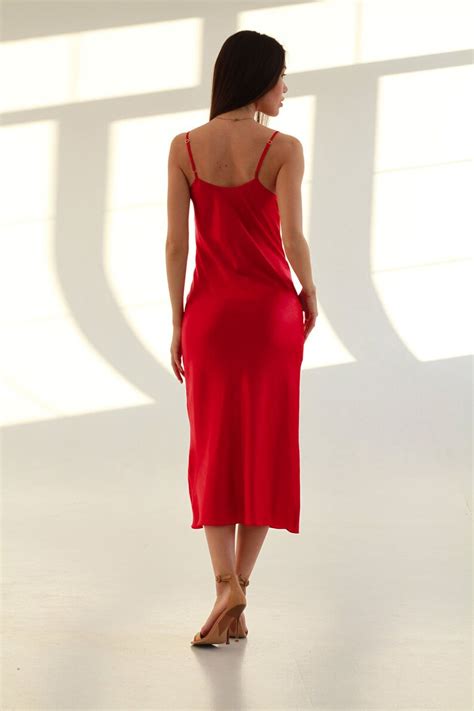 V Neck Silk Slip Dress Midi In Red 100 Silk Dress Red Silk Etsy