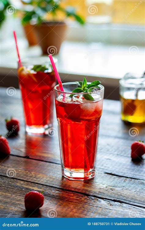 Strawberry Lemonade With Mint And Lemon Cold Drinks Summer Stock