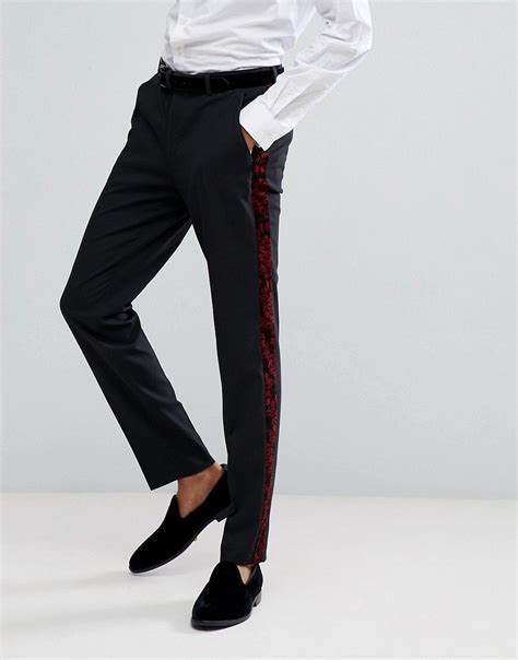 Asos Skinny Tuxedo Suit Pants In Red Paisley Velvet Black Asos
