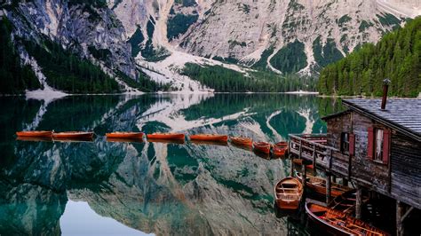 Download Wallpaper 2560x1440 Lake Mountains Pier Boats Landscape