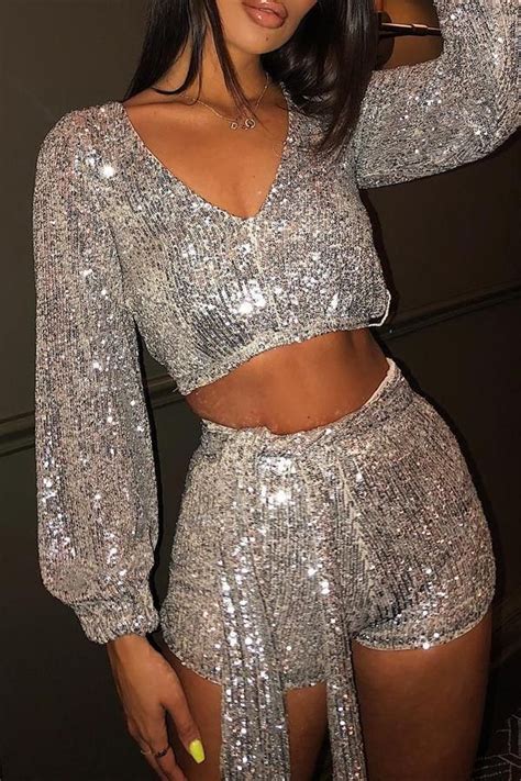 Pansygal Sequins Decoration Two Piece Shorts Set In 2020 With Images Sequin Outfit Sequin