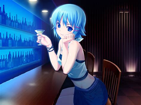 Anime Girls Bar Bare Shoulders Blue Eyes Blue Hair Br