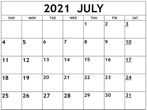 Printable Calendar For July 2021 Daily Monthly Template One Platform