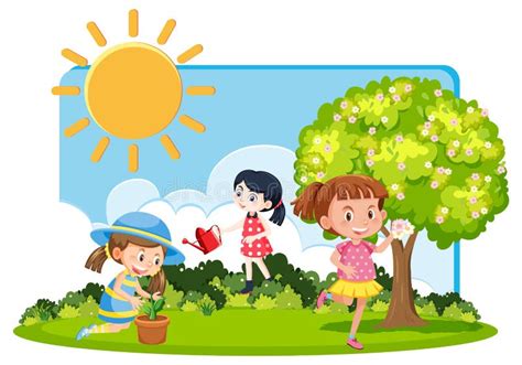 Girls At The Garden Outdoor Scene Stock Vector Illustration Of