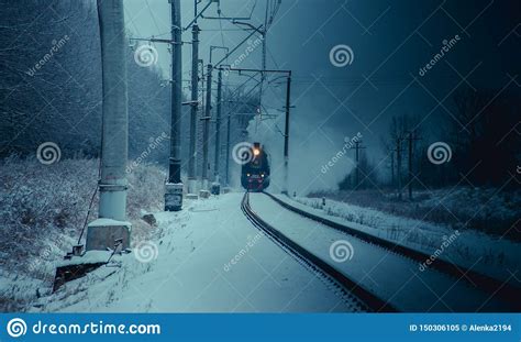Old Locomotive Rides By Rail In Winter Public Transport Passenger