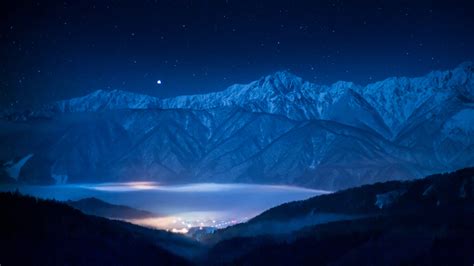 Nature Landscape Mountains Mist Night Valley Stars Lights Snowy