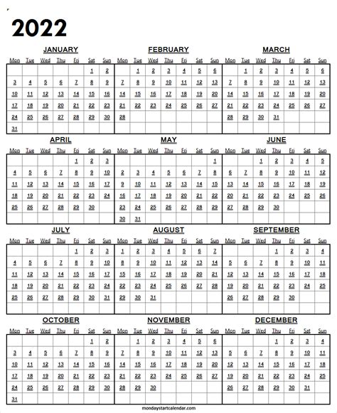 2022 Calendar Excel Format Starting Monday Free Calendar Pages