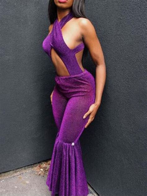 Purple Cut Out Halter Neck Ruffle Backless Fashion Long Jumpsuit Jumpsuits Bottoms