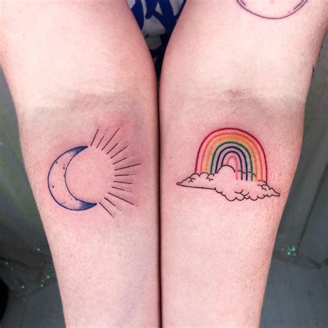 Two Tattoos On Both Legs With Rainbows And Clouds