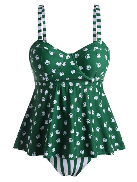 [26 Off] 2020 Plus Size Printed Striped Underwire Tankini Swimsuit In Deep Green Dresslily