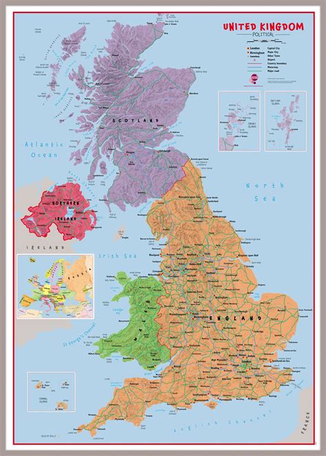 Huge Primary Uk Wall Map Political Pinboard And Framed Silver