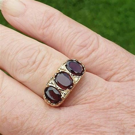 Three Stone Garnet Ring In 9ct Gold Gems Afire Vintage Jewellery Uk