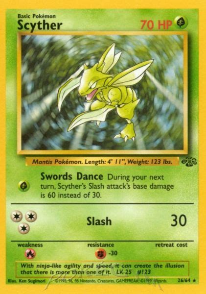 It is vulnerable to rock, fire, flying, ice and electric moves. Scyther - Grass - Rare - HP: 70 - #26/64. | Pokemon cards, Pokemon, Cards