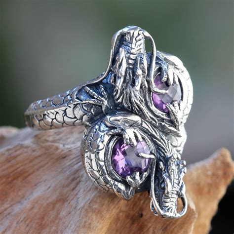 Sterling Silver Dragon Jewelry Ring With Amethysts Noble Dragons Novica