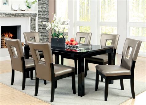 Furniture Of America Marjesko 7 Piece Black Glass Top Dining Set