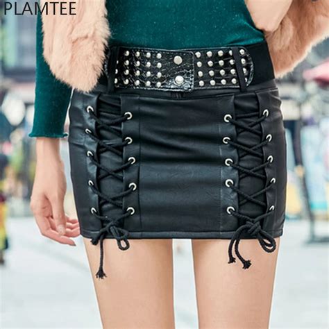 Plamtee Sexy Mini Skirts Women Pu Leather Rivet Ladies Saias Skinny Pencil Patchwork Lace Up