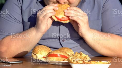 Obese Hungry Man Eating Fatty Burgers Unhealthy Food Addiction