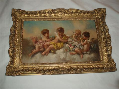 Breathtaking Antique Cherubs Oil Painting With Rose Garlands Signed