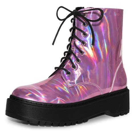 Allegra K Womens Round Toe Colorful Platform Combat Boots Pink Size 8