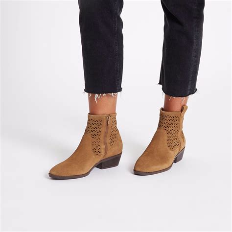 River Island Tan Laser Cut Suede Western Ankle Boots In Beige Natural