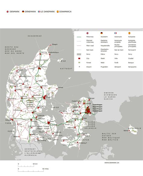 Large Detailed Road Map Of Denmark With Major Cities And Airports