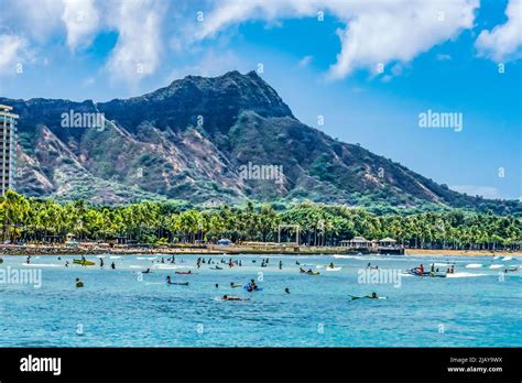 Colorful Waikiki Beach Surfers Swimmers Diamond Head Hotels Honolulu