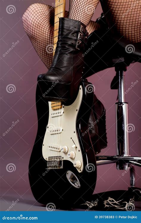 Funky Young Woman With Her Black Hot Guitar Stock Image Image Of