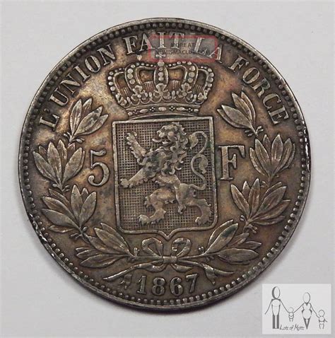 1867 Belgium 5 Francs Silver Coin