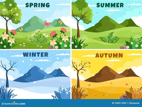 Scenery Of The Four Seasons Of Nature With Landscape Spring Summer Autumn And Winter In