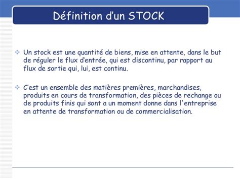 Stock is a security that represents a fraction of the ownership of the issuing corporation. .logistique gestion des stock