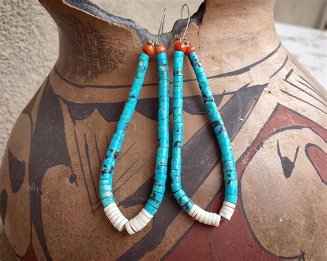 S Long Turquoise Heishi Earrings With White Shell Jacla Native