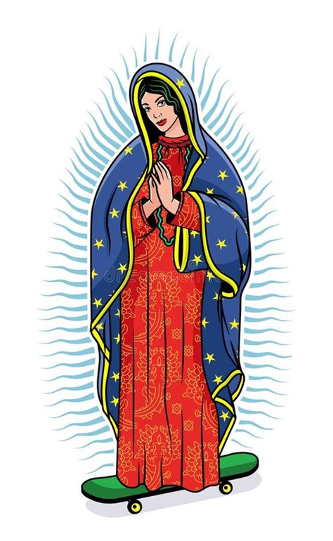 virgin of guadalupe on a skateboard the virgin skeleton mary vector poster illustration stock