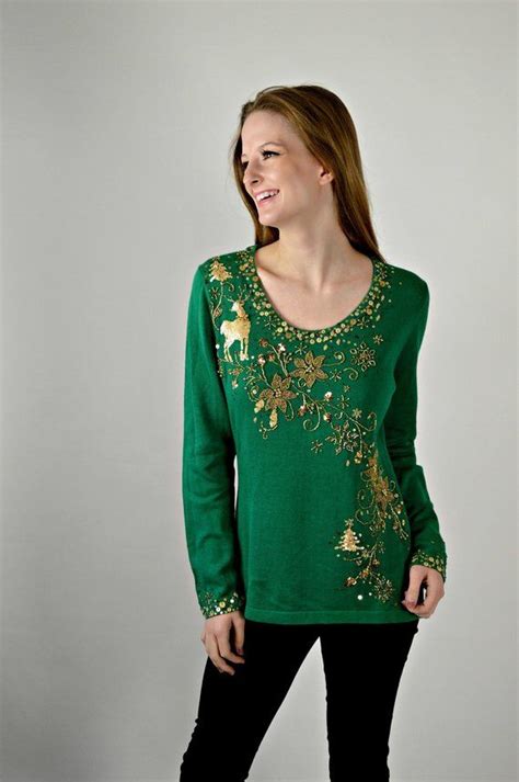 Green Christmas Beaded Sweater Womens Holiday Sweater 90s Fashions