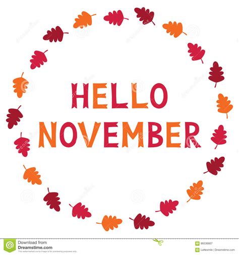 Hello November Card With Autumn Leaves Text In Hand Lettered Font