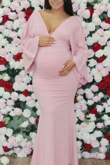 Blushing Pink V Neck Long Sleeves Plus Size Cheap Maternity Dress