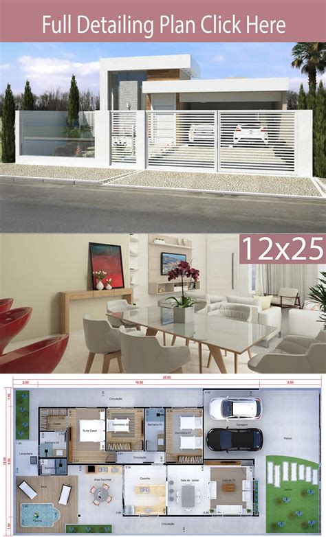 Home Design 12x25 Meters 3 Bedrooms Home Plans Projetos De Casas