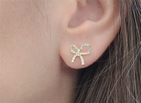Diamond Bow Earrings In Solid Gold Dainty Bow Shape Studs Etsy UK