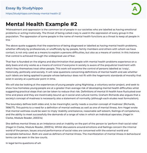 Mental Health Example 2 Essay Example