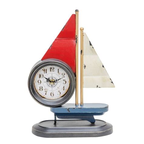 Hometime Sailing Boat Nautical Mantel Clock Red White Blue Compass