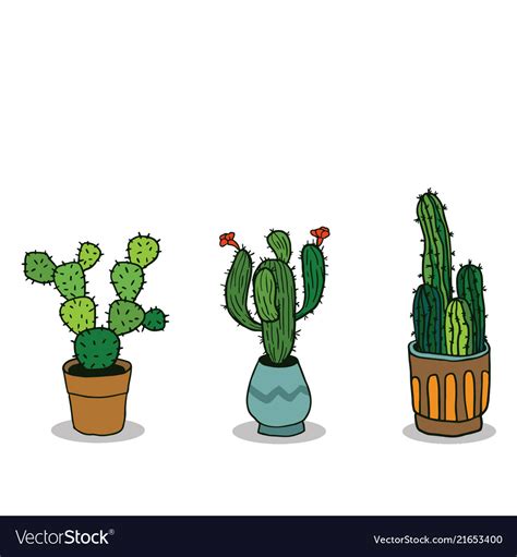Set Of Three Hand Drawn Cactus In Pots Royalty Free Vector