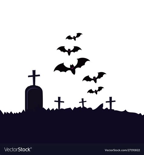 Halloween Tomb Cemetery With Bats Flying Vector Image