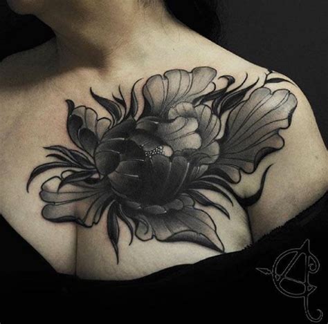 Large Peony On Chest By Scratchline Tattoo Shoulder Tattoo Peonies
