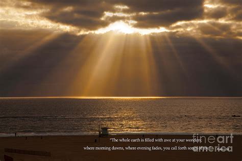 Inspirational Sun Rays Over Calm Ocean Clouds Bible Verse Photograph