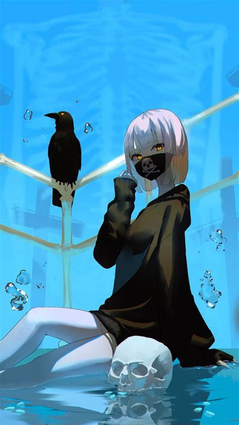 Download Wallpaper 480x854 Girl Raven Skull Bones Anime Nokia Lumia
