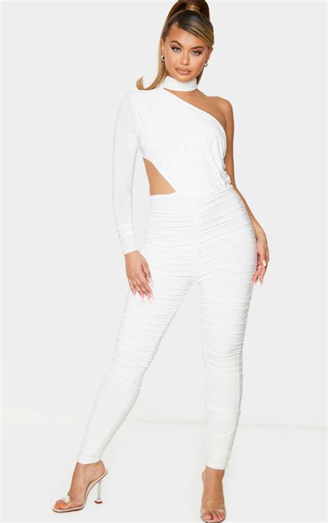 white ruched one shoulder jumpsuit prettylittlething