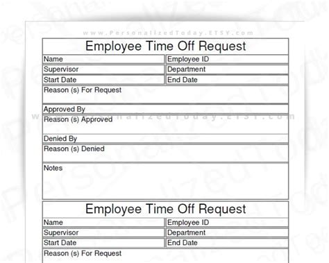 Employee Time Off Request Forms Printable And Fillable Pdf Etsy New