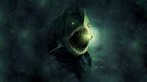 Digital Art Underwater Fish Fangs Anglerfish Lights Divers