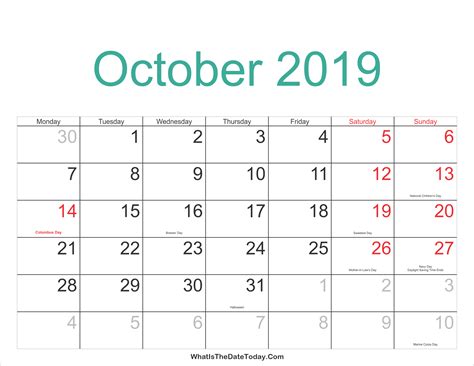 October 2019 Calendar Printable With Holidays Whatisthedatetodaycom